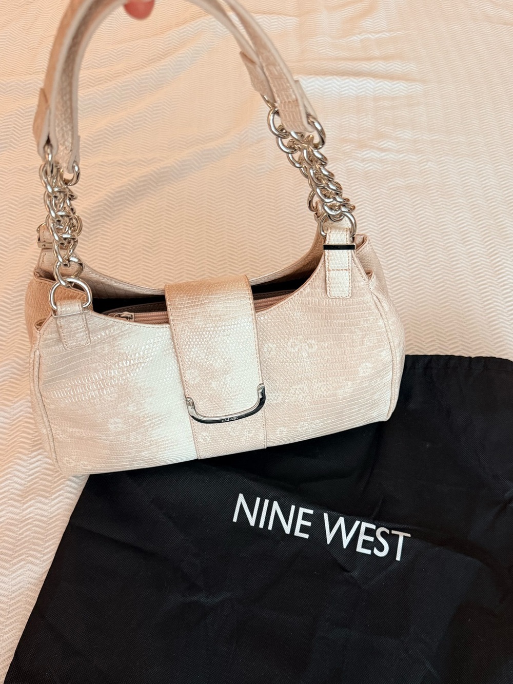 Nine West Cream and Beige Textured Shoulder Bag with Silver Chain Handles